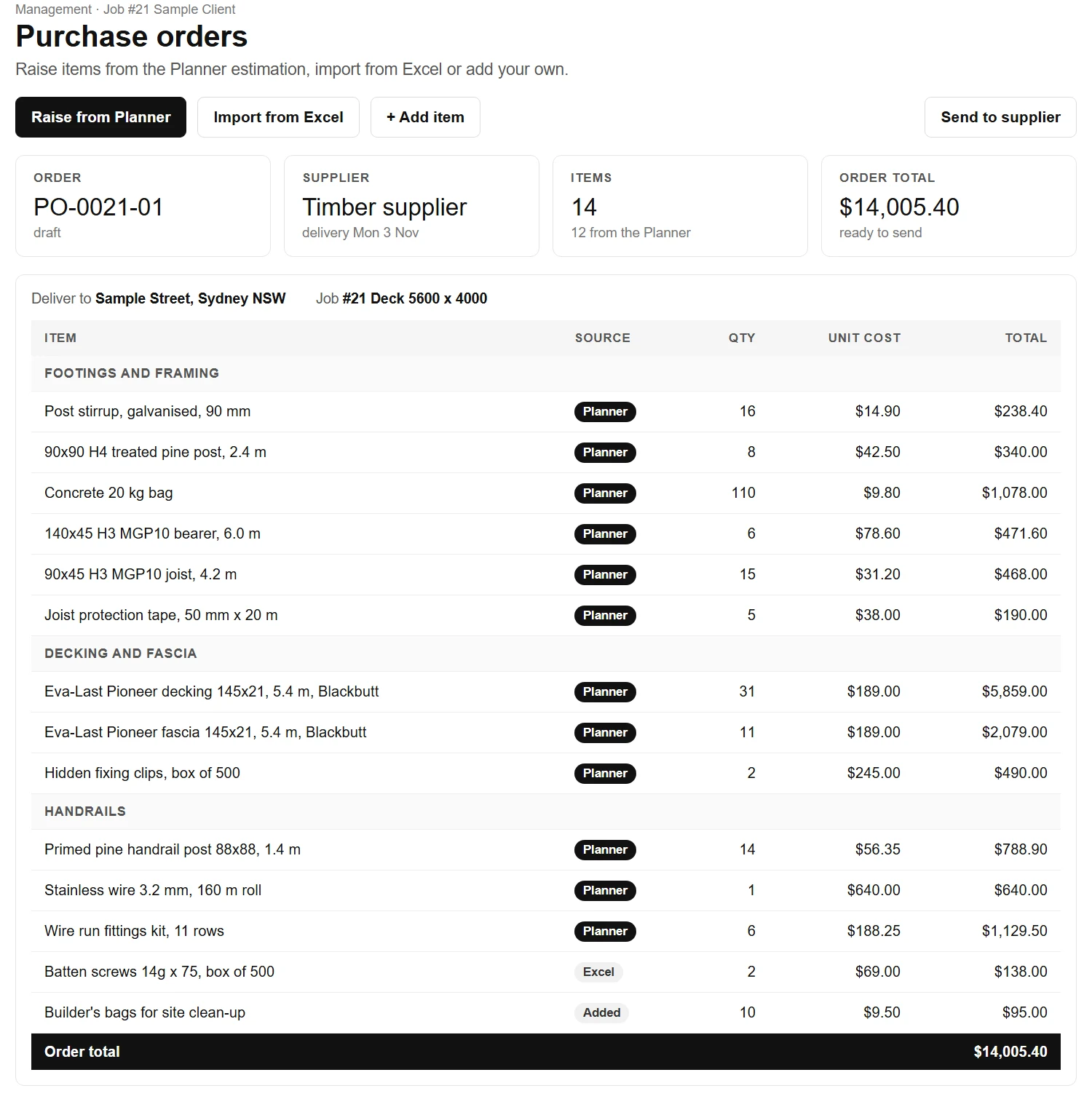 Purchase orders screen