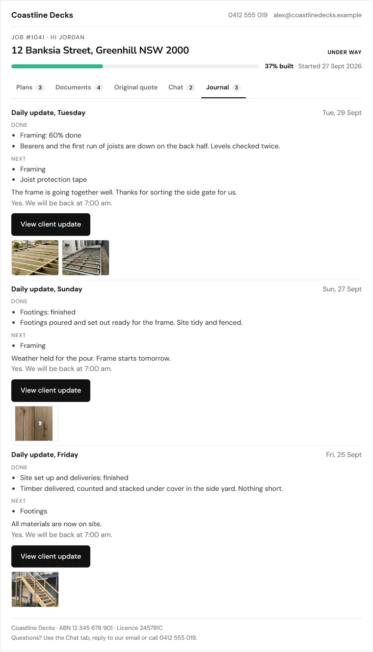 The client's Journal tab with three daily updates, what was done and what is next, and site photos