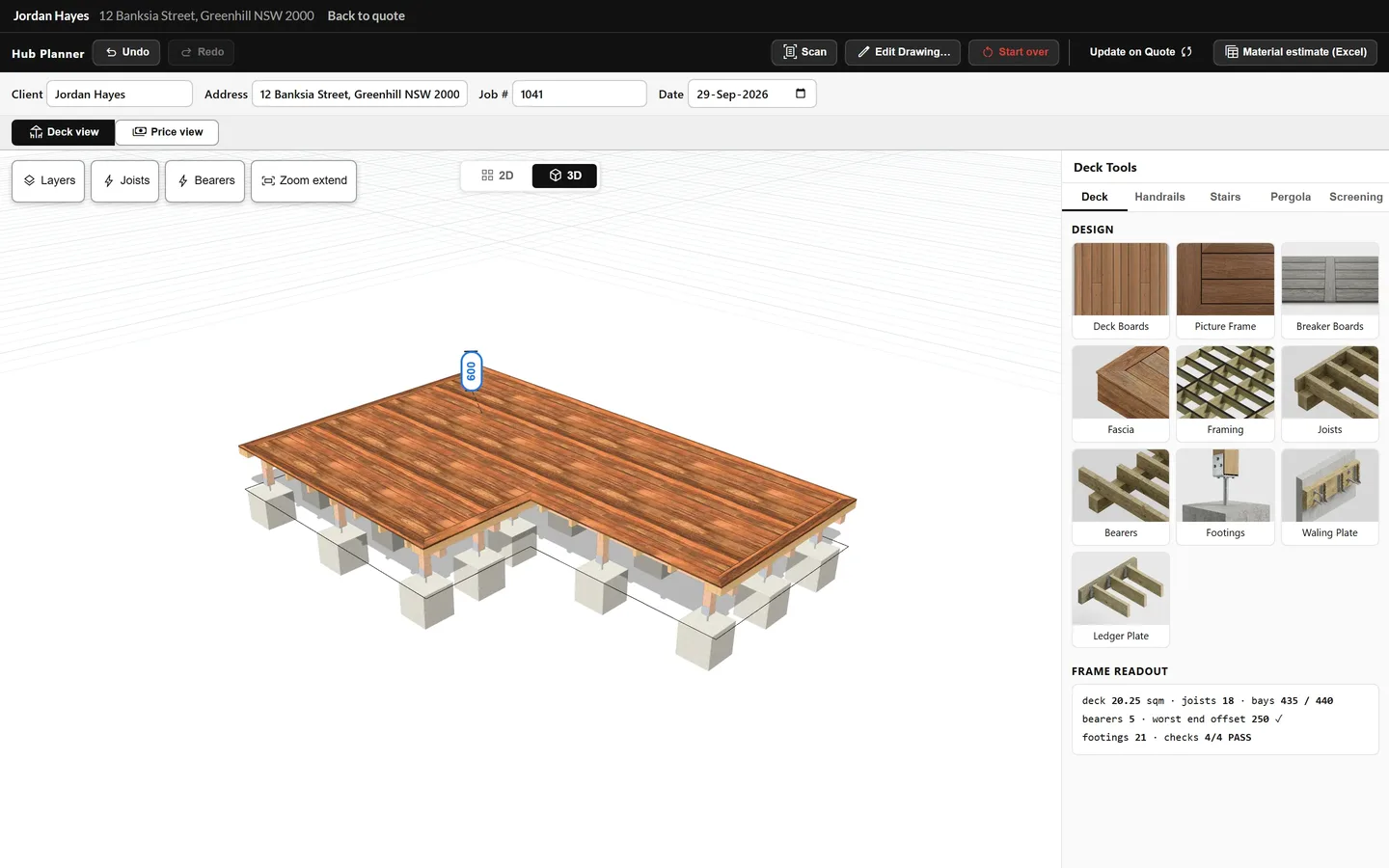 The planner with an L-shaped deck in 3D showing boards, frame and footings, with the deck tools panel