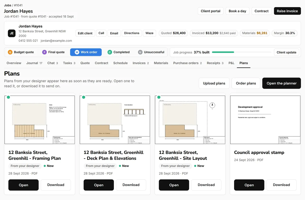 The job Plans tab: plan sheets for the framing, the deck and elevations and the site layout shown as cards with thumbnails, each with Open and Download